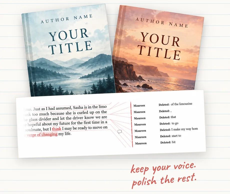 Two book covers behind a manuscript page showing tracked edits in red, with the handwritten note “keep your voice. polish the rest.”