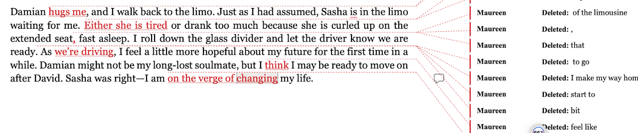 The same passage in Word’s balloon view: the edited text reads cleanly, with each deletion listed in a margin note.