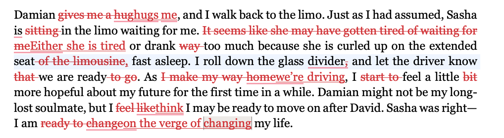 A fiction passage edited in Word with tracked changes inline: deleted words struck through in red, new words underlined.